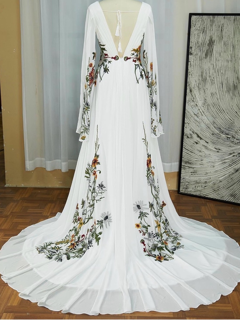 Ivory Floral Embroidered V-Neck Wedding Gown - Picture 2 of 7